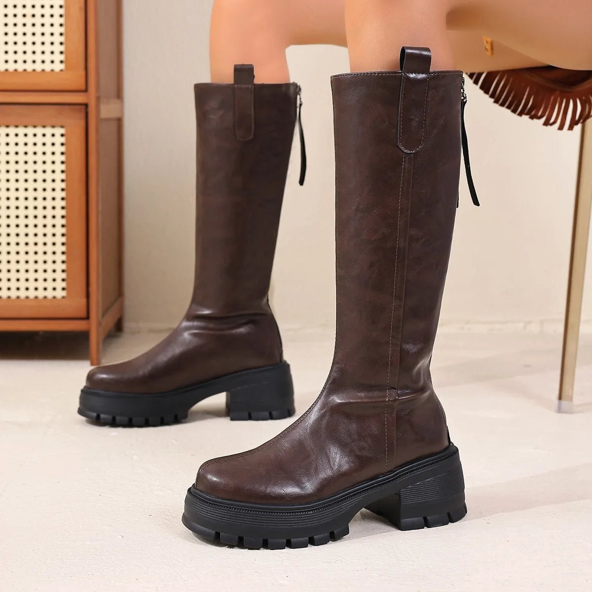 Women's Knee High Boots with Round Toe and Block Heel - Brown