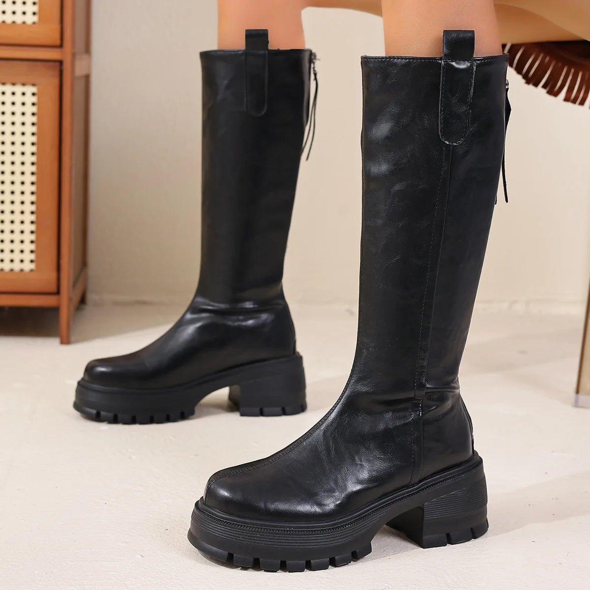 Women's Knee High Boots with Round Toe and Block Heel - Black