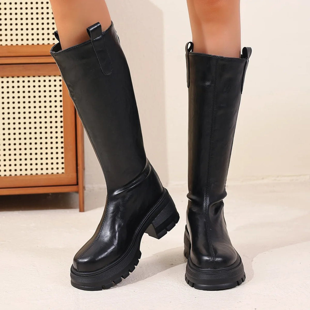 Women's Knee High Boots with Round Toe and Block Heel - Black