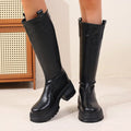 Women's Knee High Boots with Round Toe and Block Heel - Black