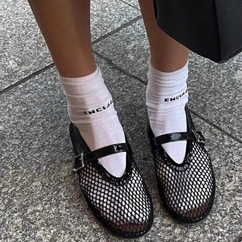Women's Mesh Ballet Flats with Round Toe and Buckle Strap - 2
