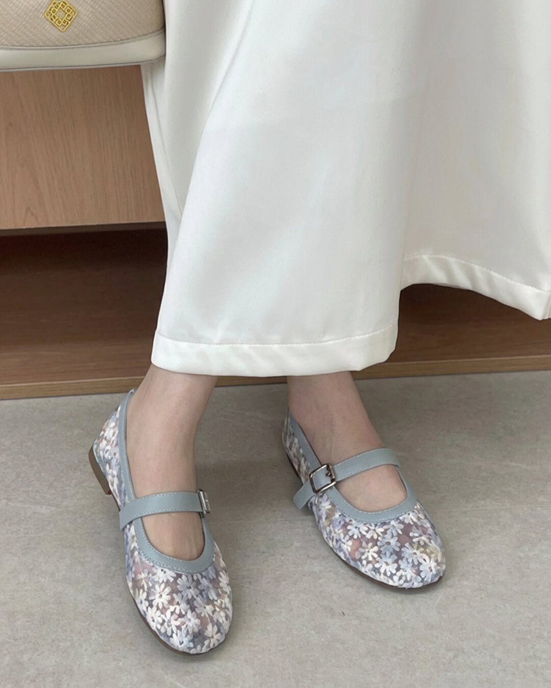 Women's Mary Jane Ballet Flats with Floral Mesh Upper - Blue