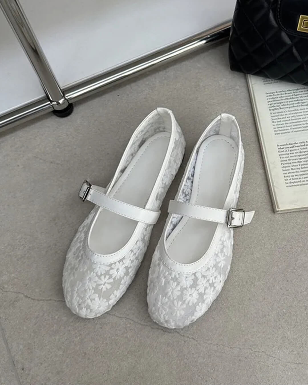Women's Mary Jane Ballet Flats with Floral Mesh Upper - White