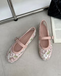 Women's Mary Jane Ballet Flats with Floral Mesh Upper - Pink