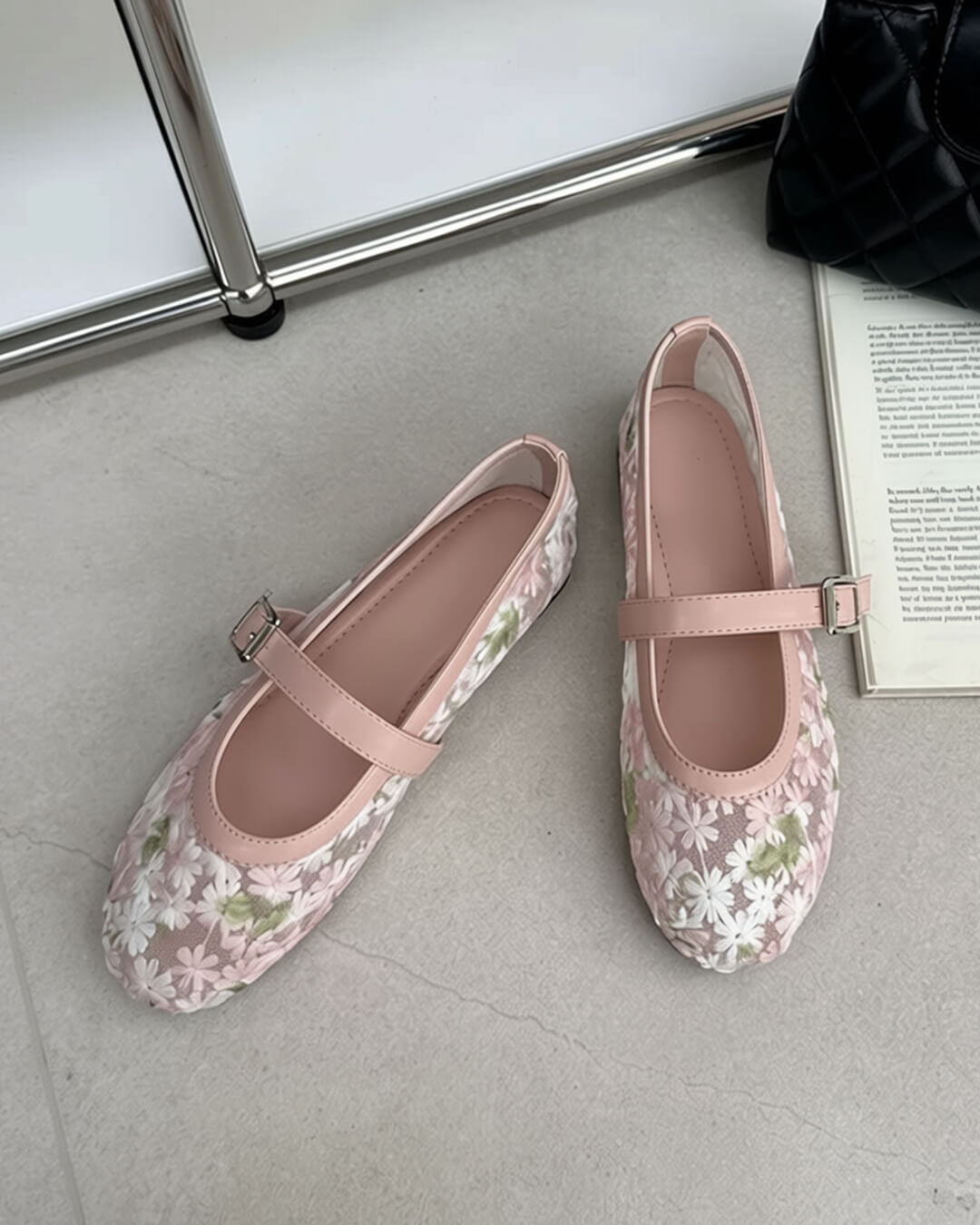Women's Mary Jane Ballet Flats with Floral Mesh Upper - Pink