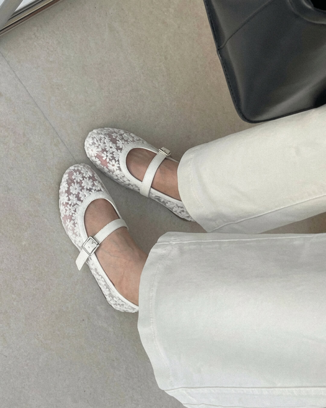 Women's Mary Jane Ballet Flats with Floral Mesh Upper - White