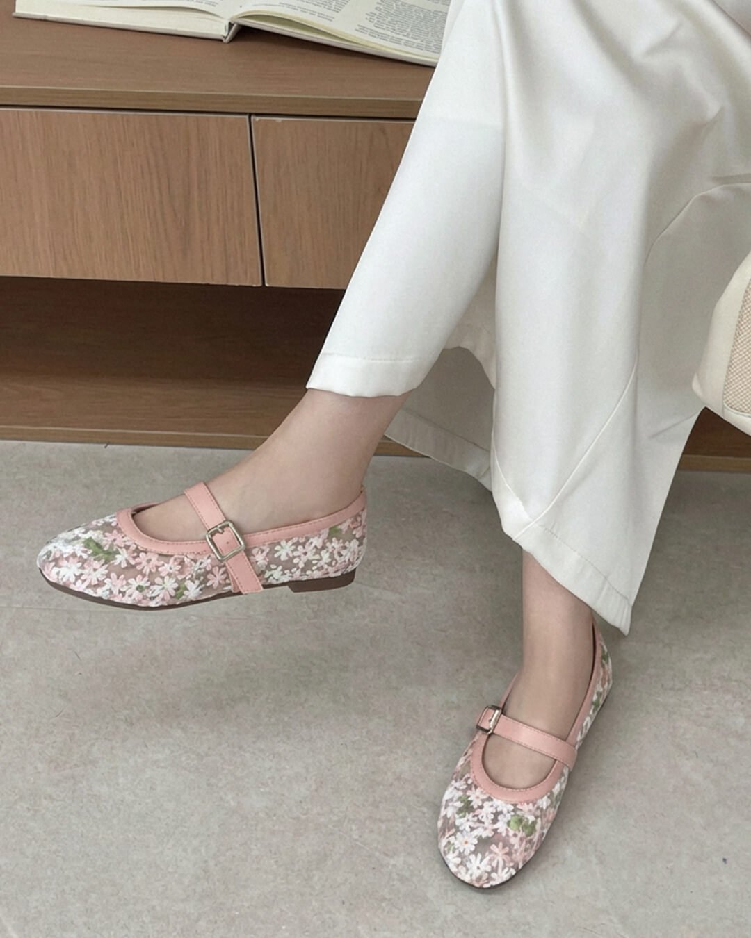 Women's Mary Jane Ballet Flats with Floral Mesh Upper - Pink