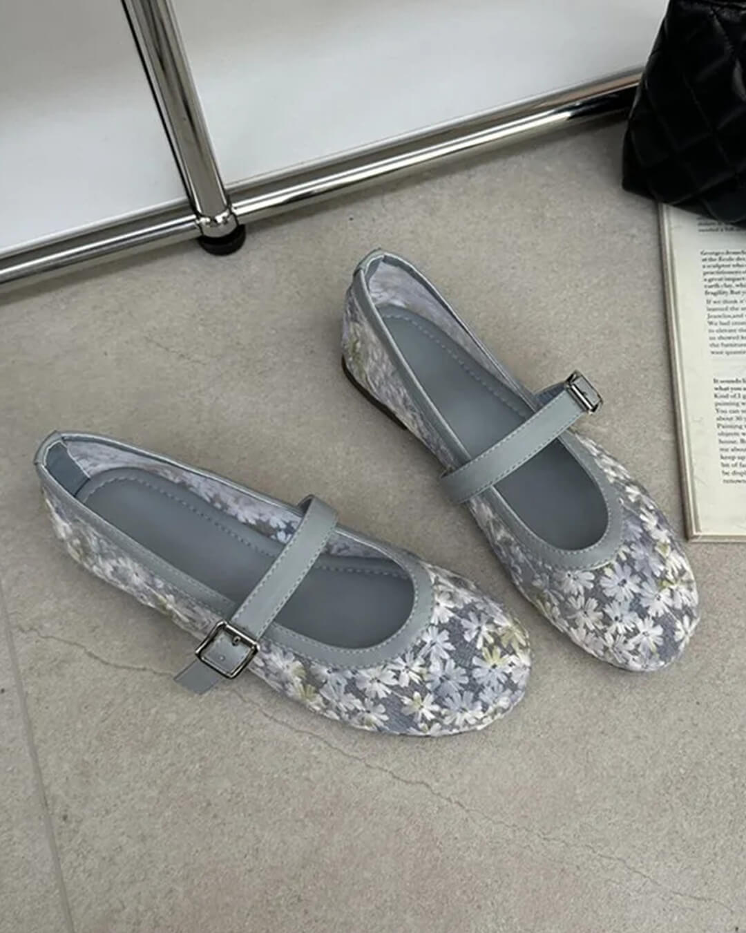 Women's Mary Jane Ballet Flats with Floral Mesh Upper - Blue