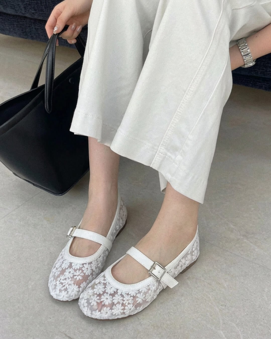 Women's Mary Jane Ballet Flats with Floral Mesh Upper - White
