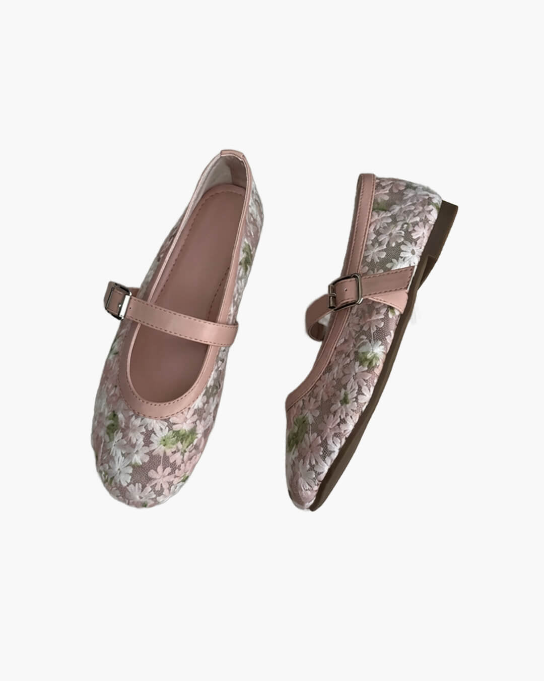 Women's Mary Jane Ballet Flats with Floral Mesh Upper - Pink