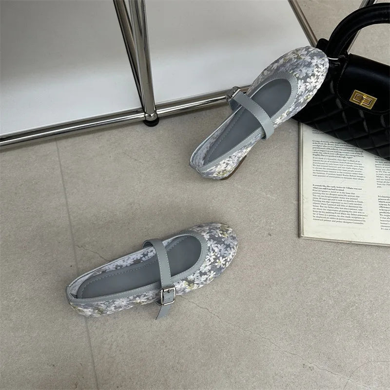 Women's Mary Jane Ballet Flats with Floral Mesh Upper - 23
