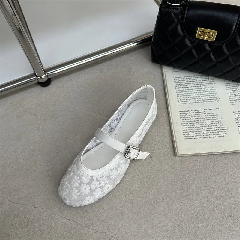 Women's Mary Jane Ballet Flats with Floral Mesh Upper - 20