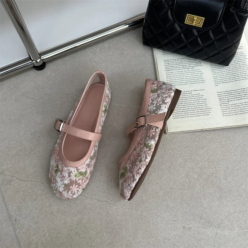Women's Mary Jane Ballet Flats with Floral Mesh Upper - 22