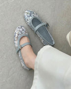 Women's Mary Jane Ballet Flats with Floral Mesh Upper - Blue