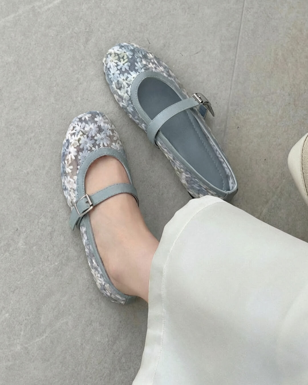 Women's Mary Jane Ballet Flats with Floral Mesh Upper - Blue