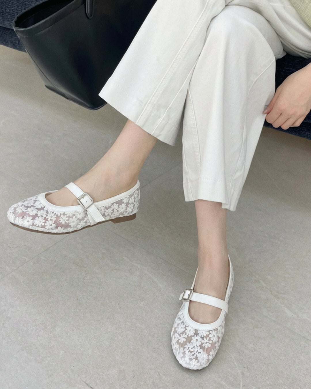 Women's Mary Jane Ballet Flats with Floral Mesh Upper - White