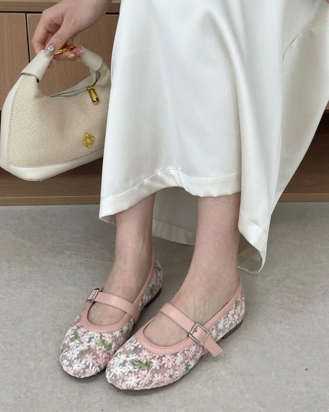 Women's Mary Jane Ballet Flats with Floral Mesh Upper - Pink