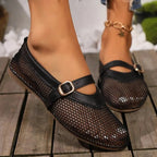 Women's Mary Jane Ballet Flats with Mesh Upper and Buckle Strap - Black