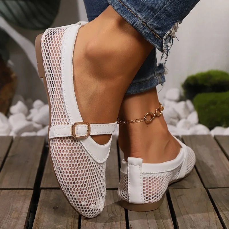 Women's Mary Jane Ballet Flats with Mesh Upper and Buckle Strap - 7