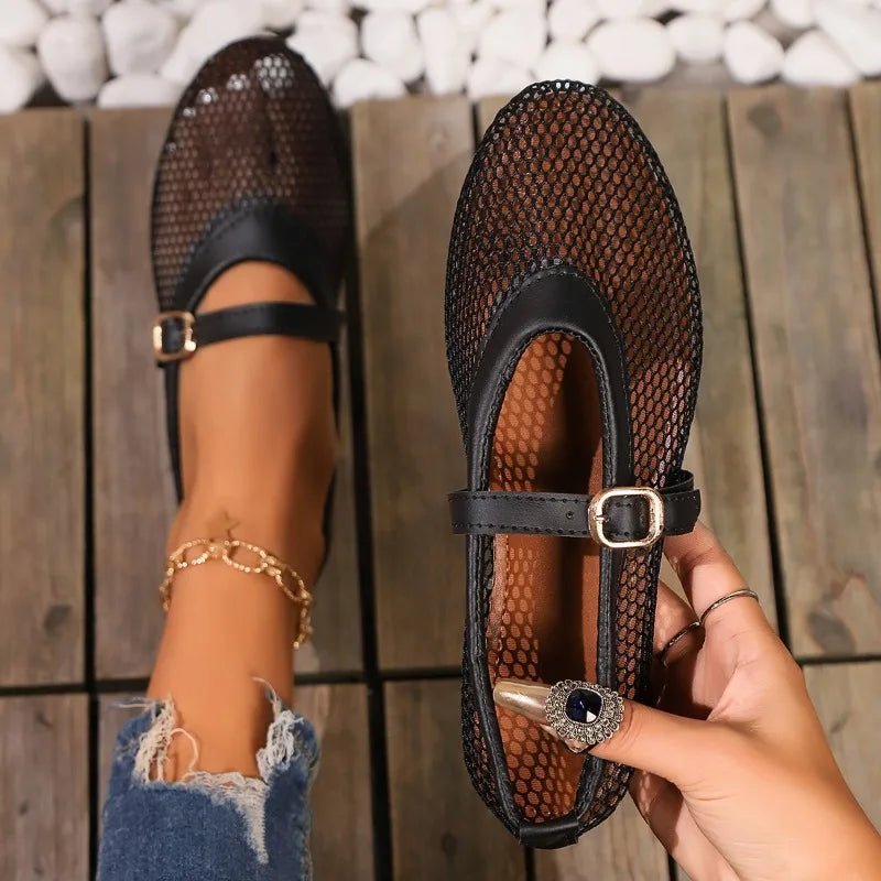 Women's Mary Jane Ballet Flats with Mesh Upper and Buckle Strap - 4