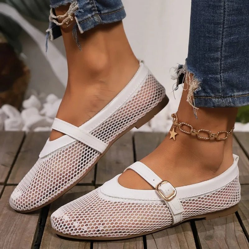 Women's Mary Jane Ballet Flats with Mesh Upper and Buckle Strap - White