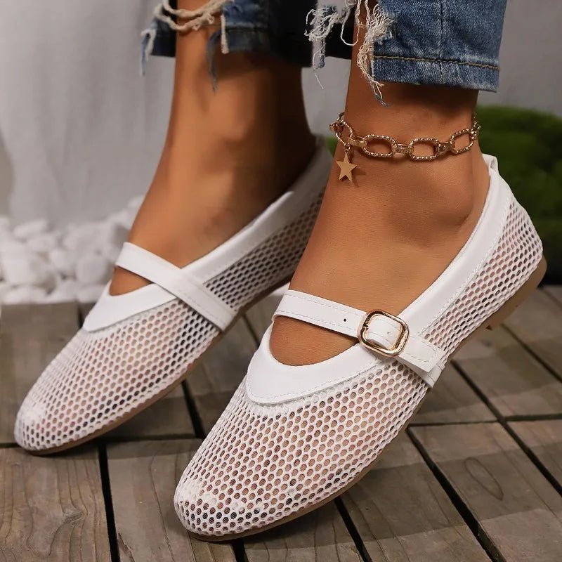 Women's Mary Jane Ballet Flats with Mesh Upper and Buckle Strap - White