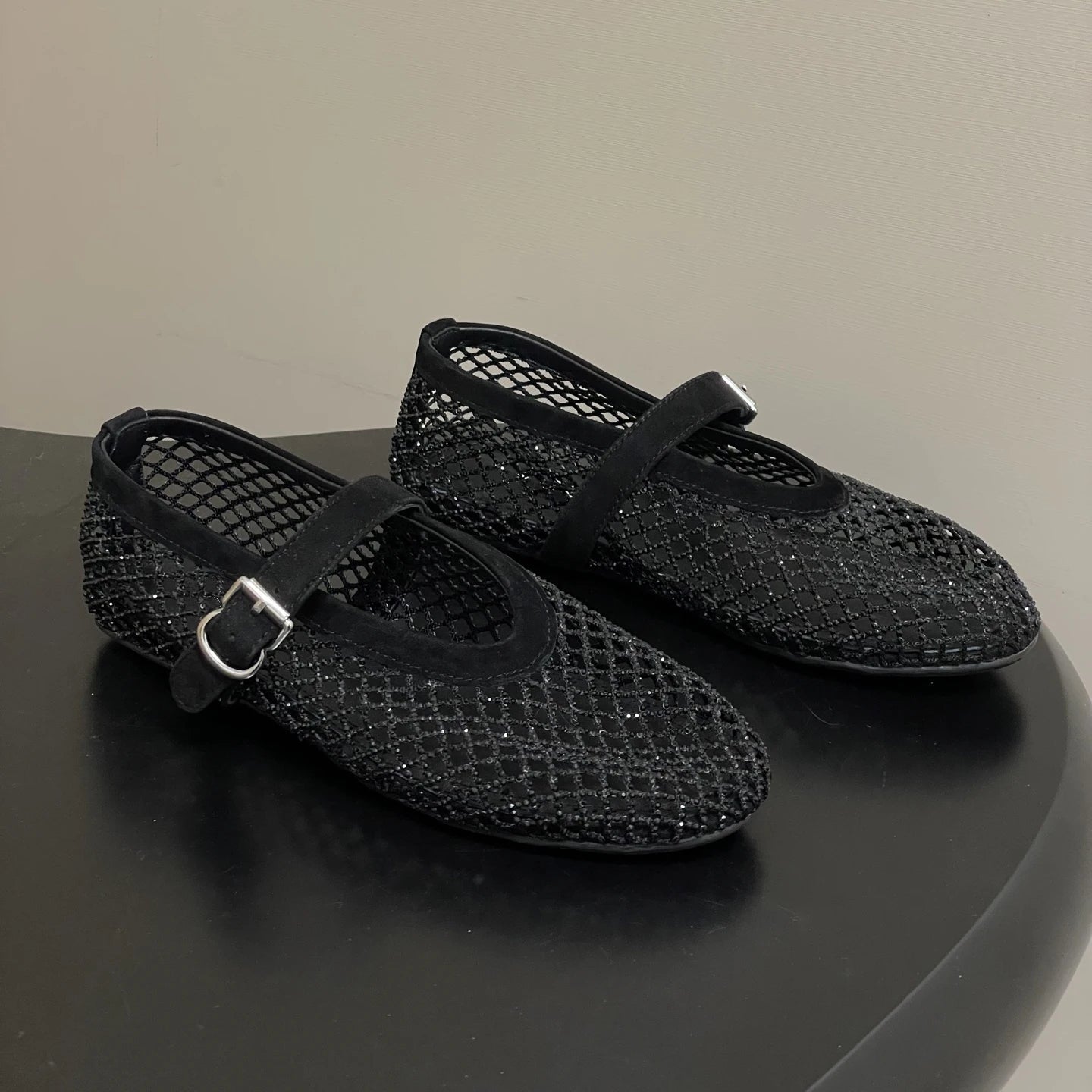 Women's Mesh Ballet Flats with Sparkling Embellishment - Black