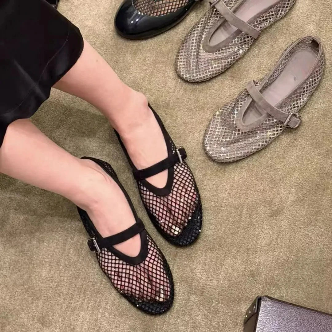Women's Mesh Ballet Flats with Sparkling Embellishment - Black