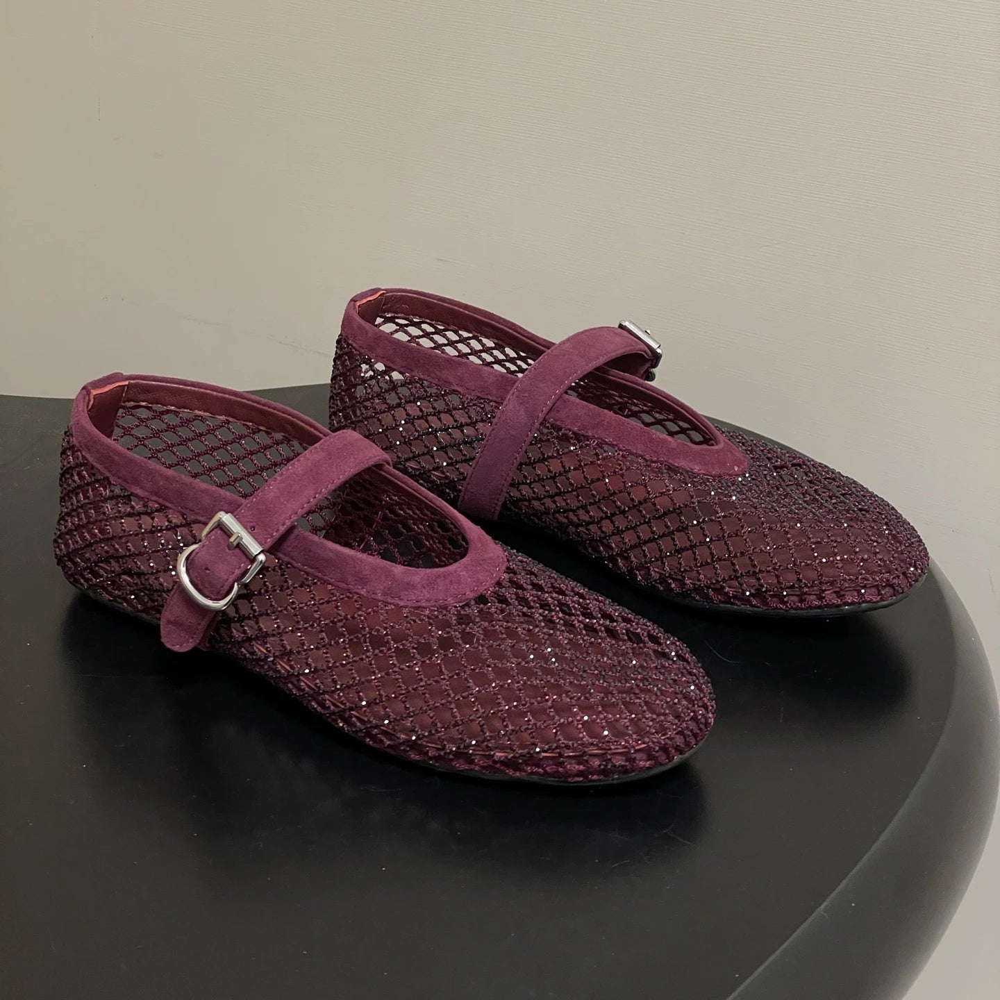 Women's Mesh Ballet Flats with Sparkling Embellishment - Burgundy