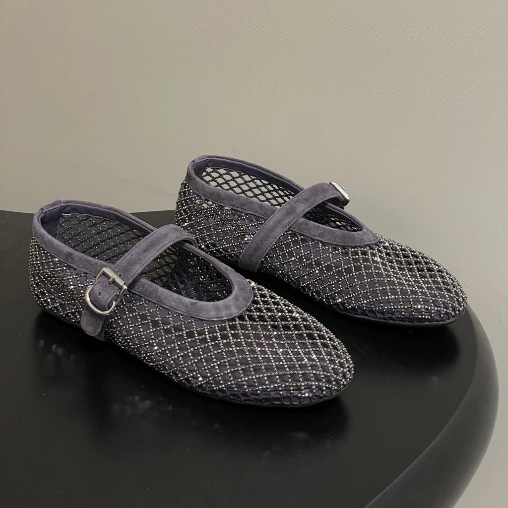 Women's Mesh Ballet Flats with Sparkling Embellishment - Grey