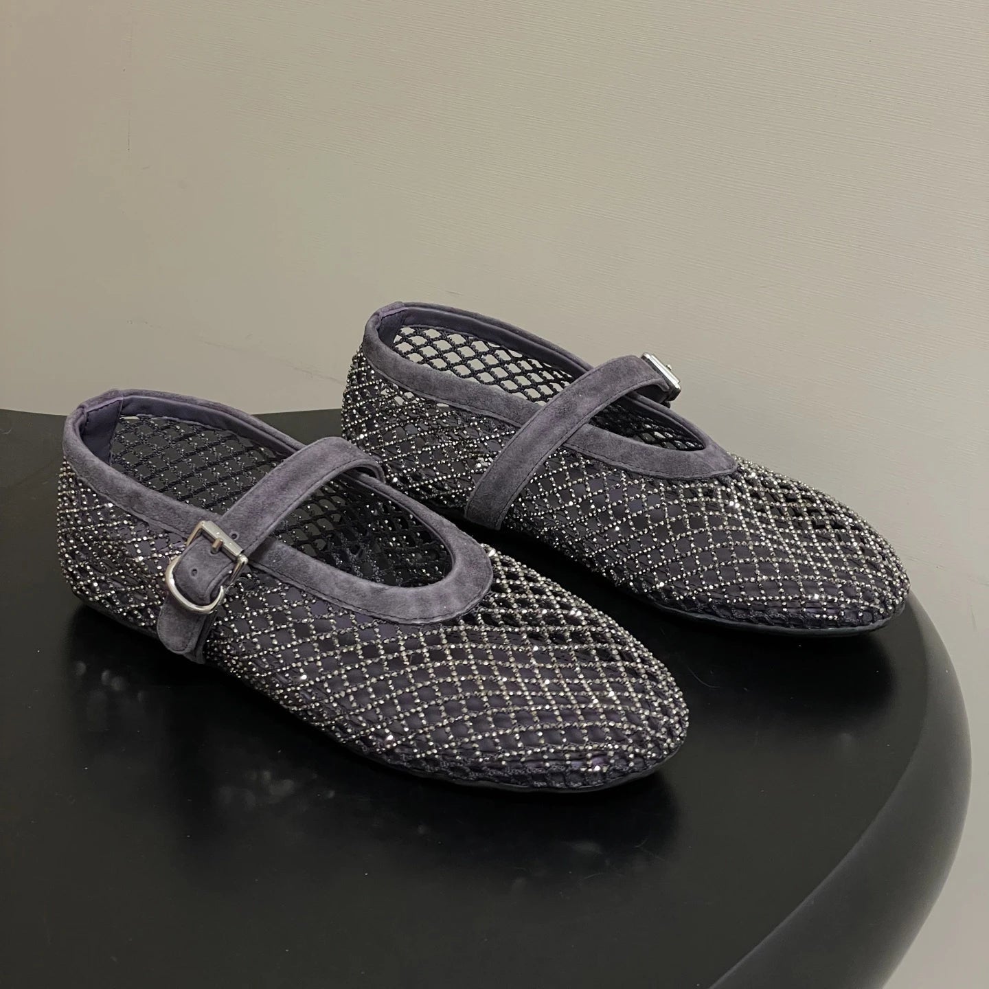 Women's Mesh Ballet Flats with Sparkling Embellishment - Grey