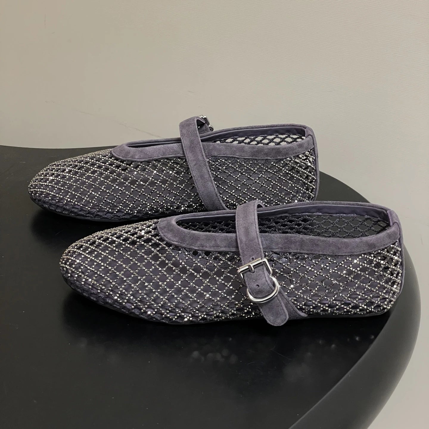 Women's Mesh Ballet Flats with Sparkling Embellishment - Grey