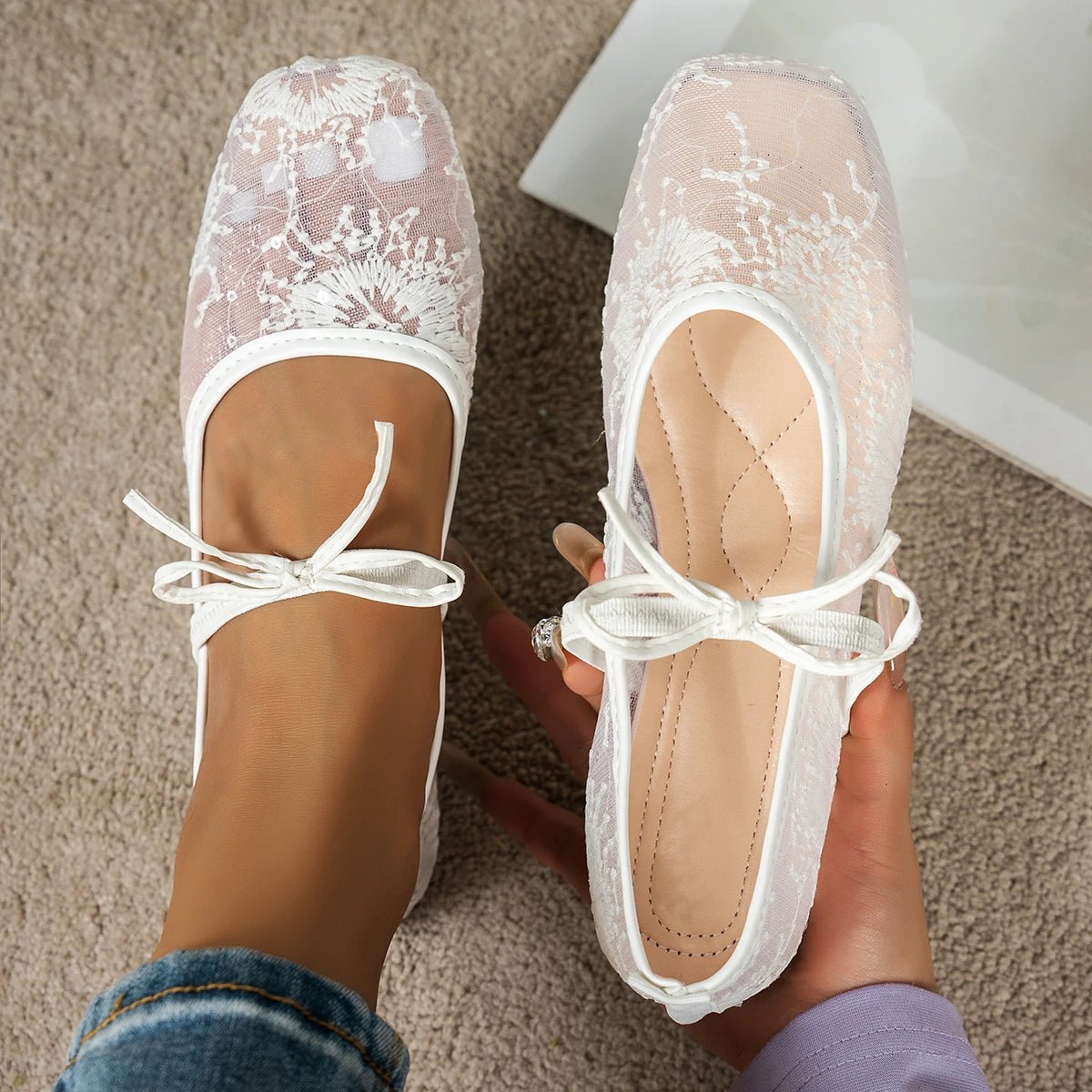Women's Ballet Flats with Mesh Upper and Square Toe - White