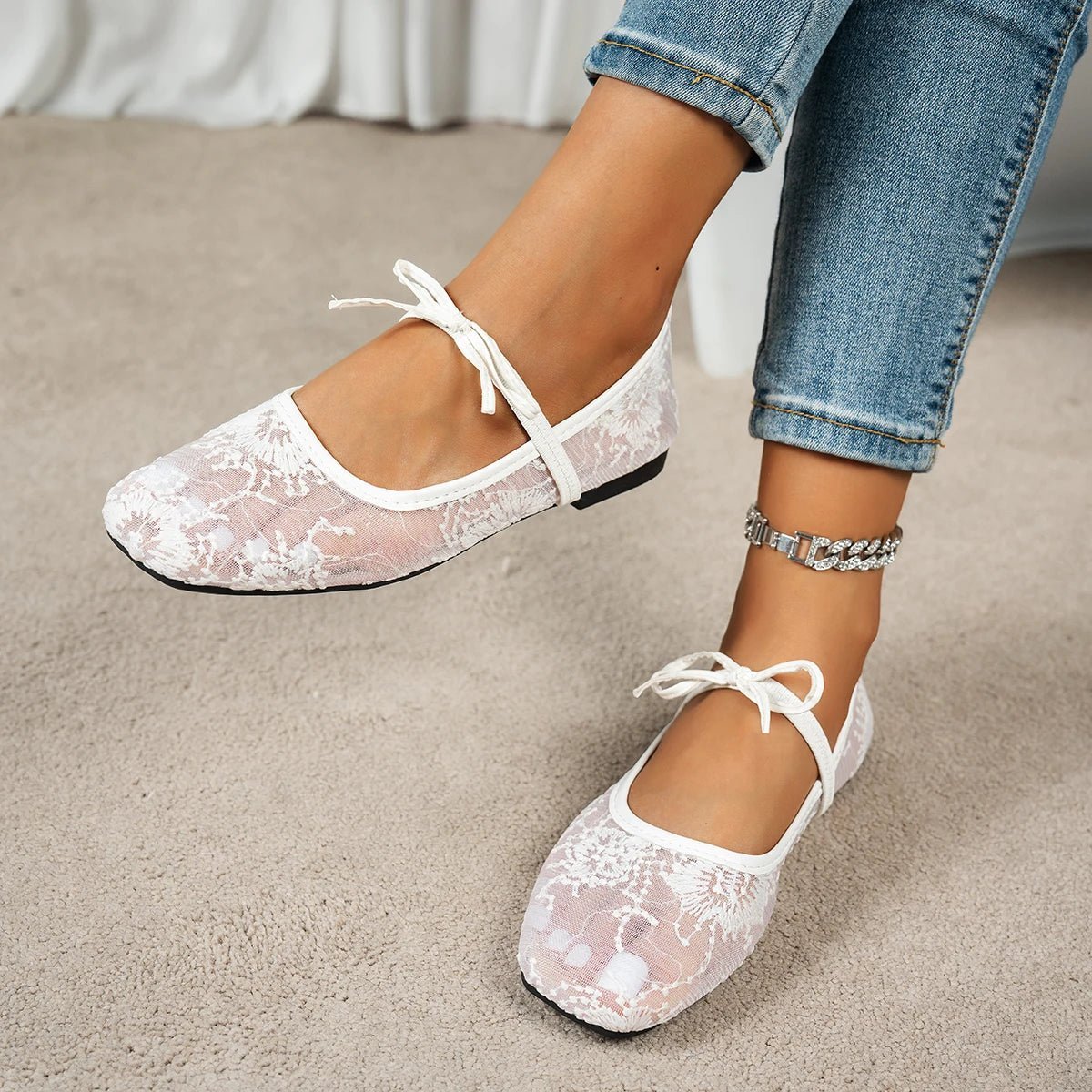Women's Ballet Flats with Mesh Upper and Square Toe - White