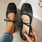 Women's Ballet Flats with Mesh Upper and Square Toe - Black