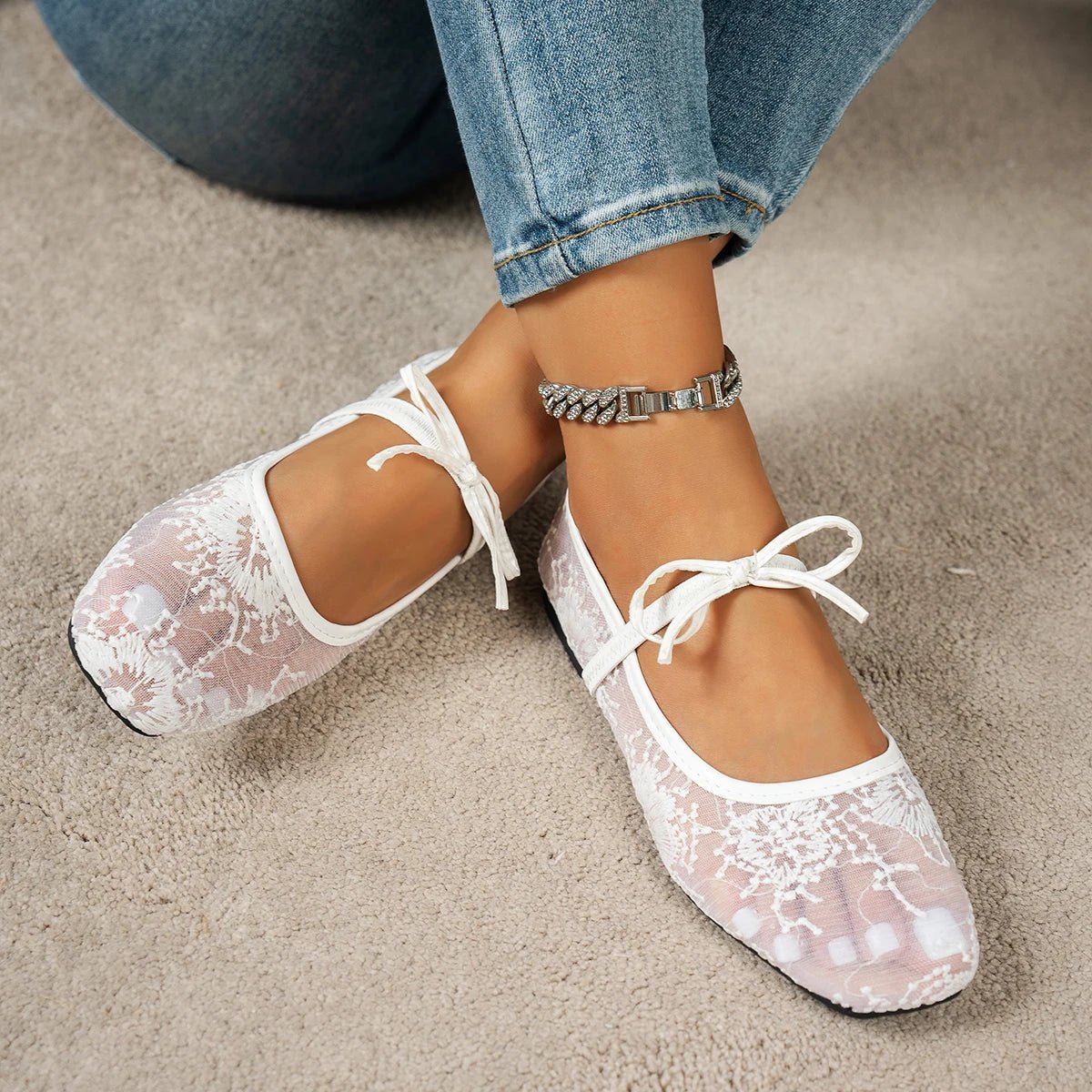 Women's Ballet Flats with Mesh Upper and Square Toe - White