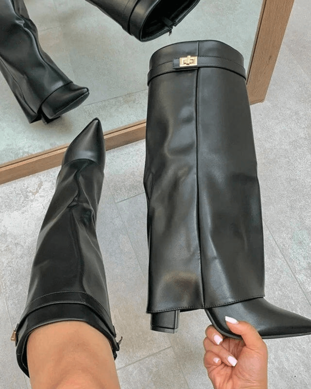 Women's Knee-High Boots with Fold-Over Cuff and Pointed Toe - Black Faux Leather