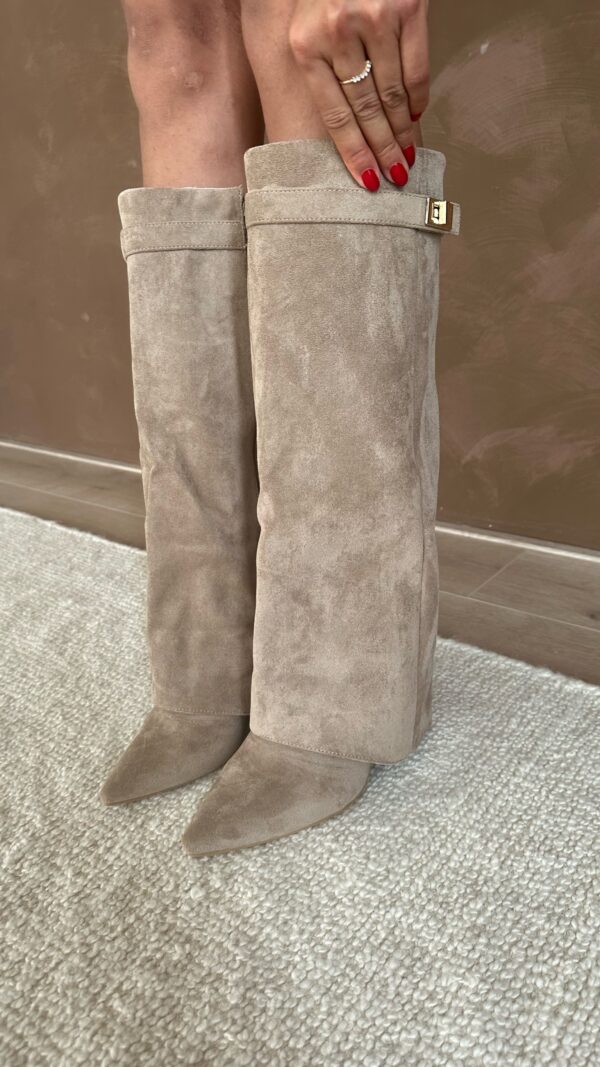 Women's Knee-High Boots with Fold-Over Cuff and Pointed Toe - Taupe