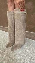 Women's Knee-High Boots with Fold-Over Cuff and Pointed Toe - Taupe