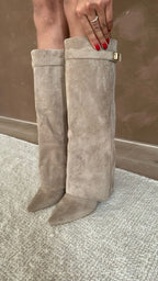 Women's Knee-High Boots with Fold-Over Cuff and Pointed Toe - Taupe