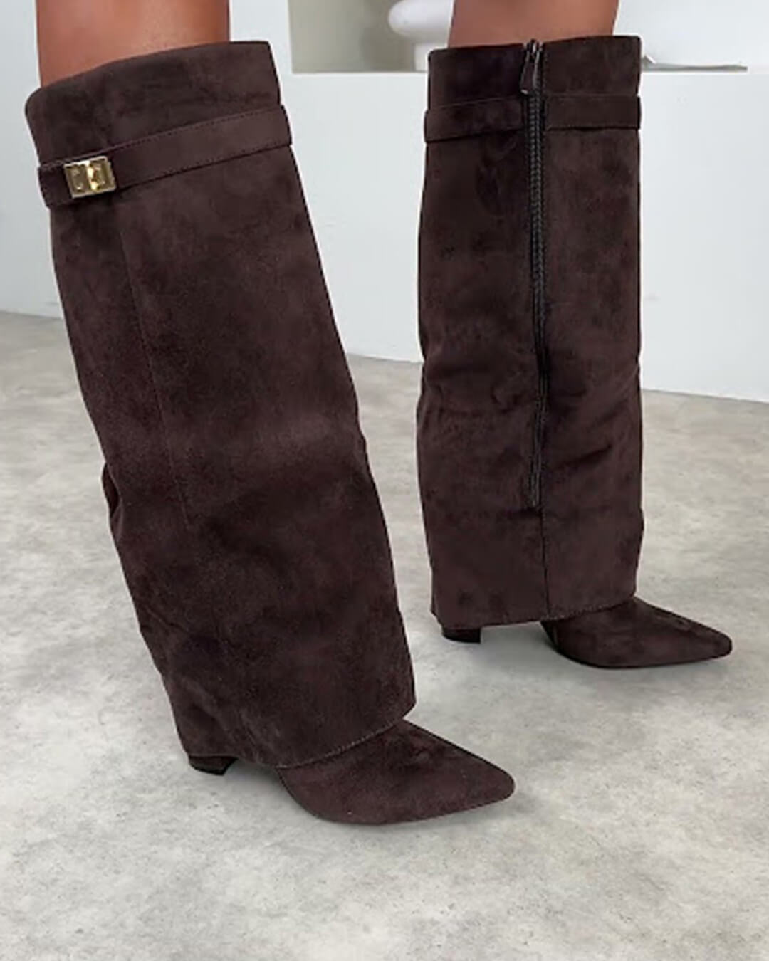 Women's Knee-High Boots with Fold-Over Cuff and Pointed Toe - Dark Brown