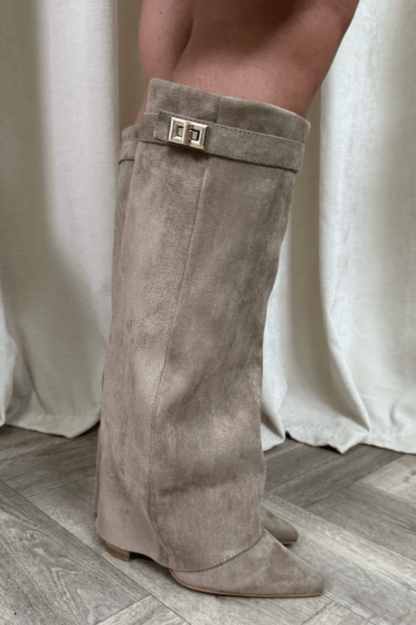 Women's Knee-High Boots with Fold-Over Cuff and Pointed Toe - Taupe