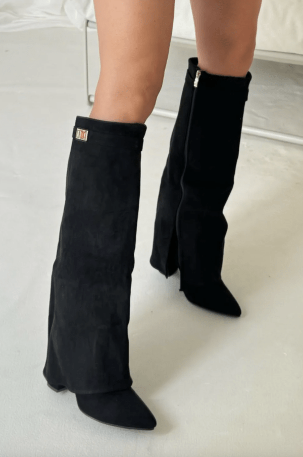 Women's Knee-High Boots with Fold-Over Cuff and Pointed Toe - Black