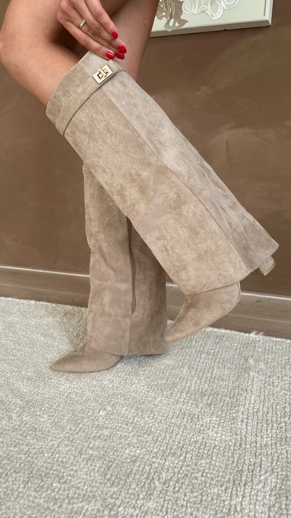 Women's Knee-High Boots with Fold-Over Cuff and Pointed Toe - Taupe