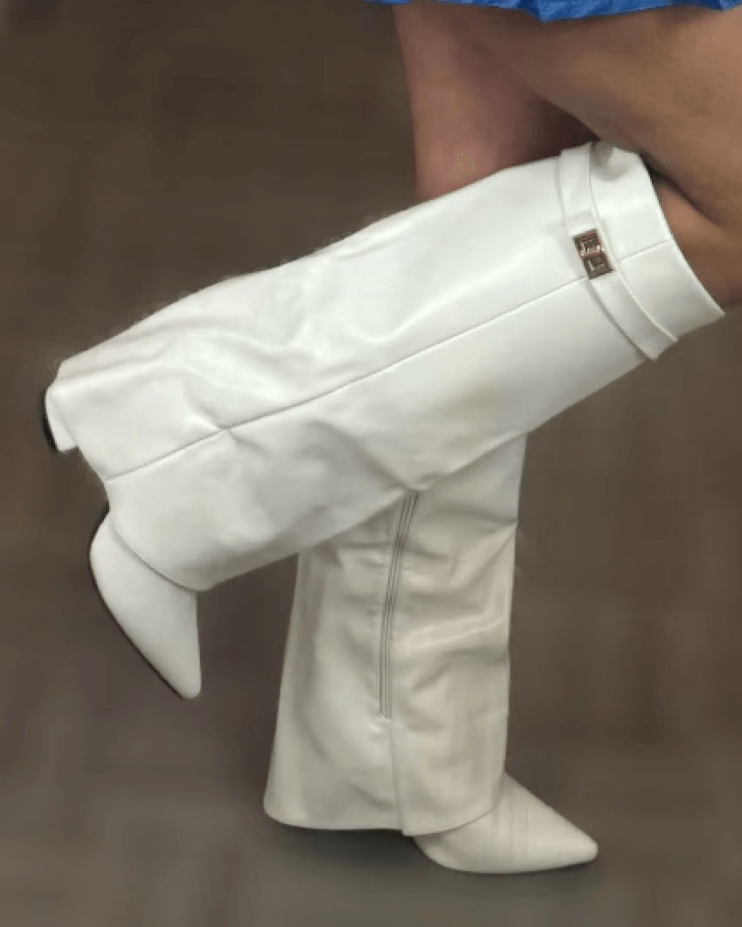 Women's Knee-High Boots with Fold-Over Cuff and Pointed Toe - White Faux Leather