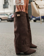 Women's Knee-High Boots with Fold-Over Cuff and Pointed Toe - 12
