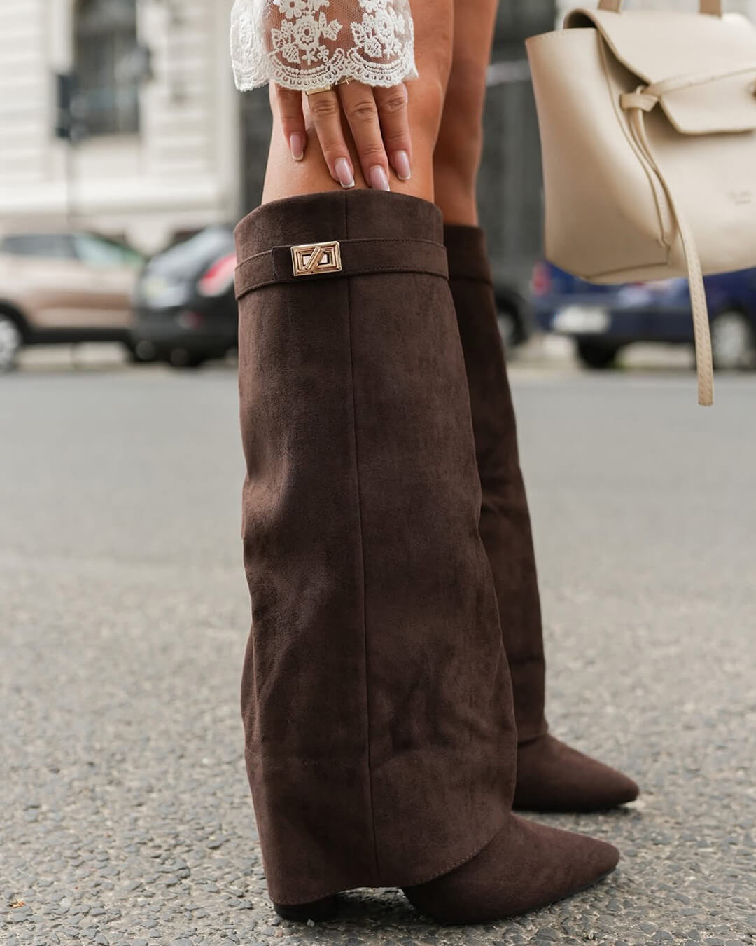 Women's Knee-High Boots with Fold-Over Cuff and Pointed Toe - 12