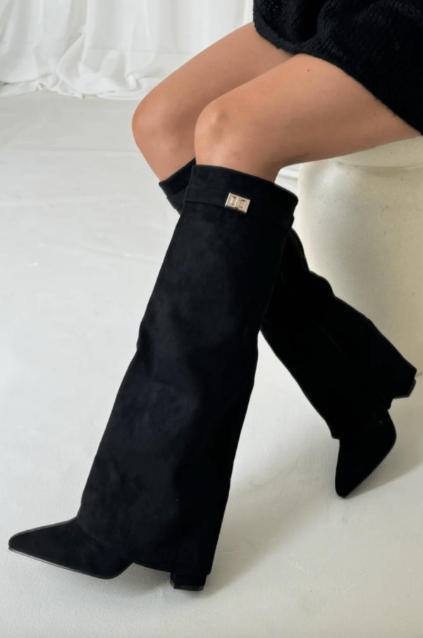 Women's Knee-High Boots with Fold-Over Cuff and Pointed Toe - Black