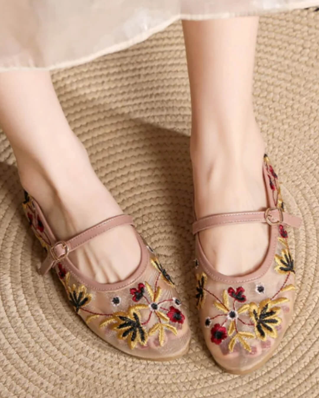 Women's Embroidered Mary Jane Flats with Floral Detail - Apricot