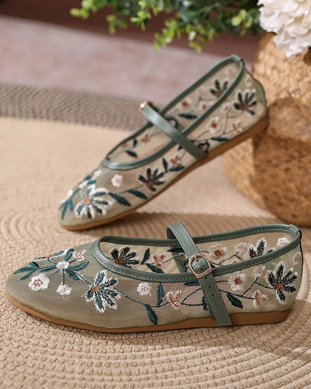 Women's Embroidered Mary Jane Flats with Floral Detail - Green